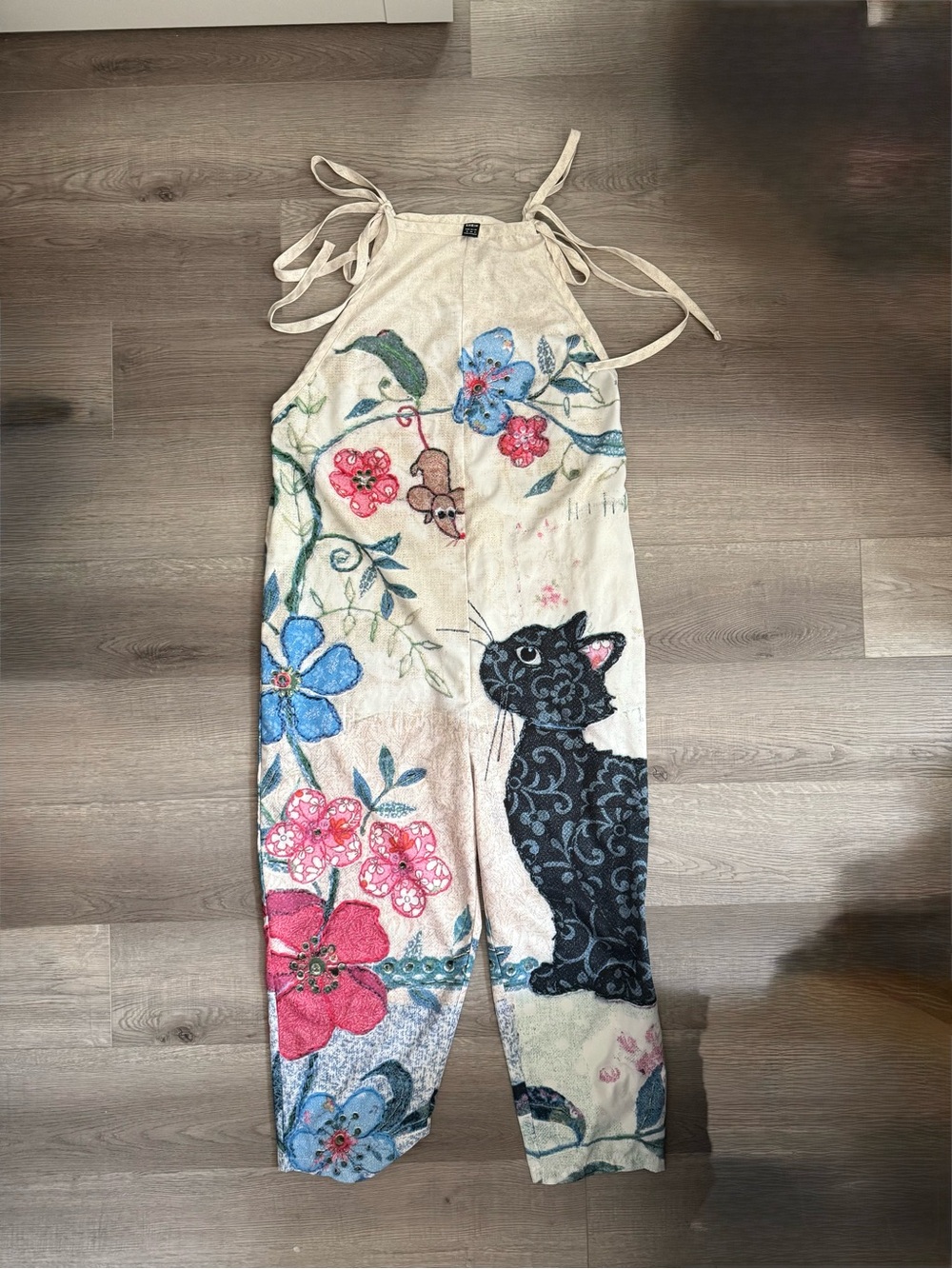 Women's Floral & Cat Print Tie-Strap Jumpsuit - Cream
